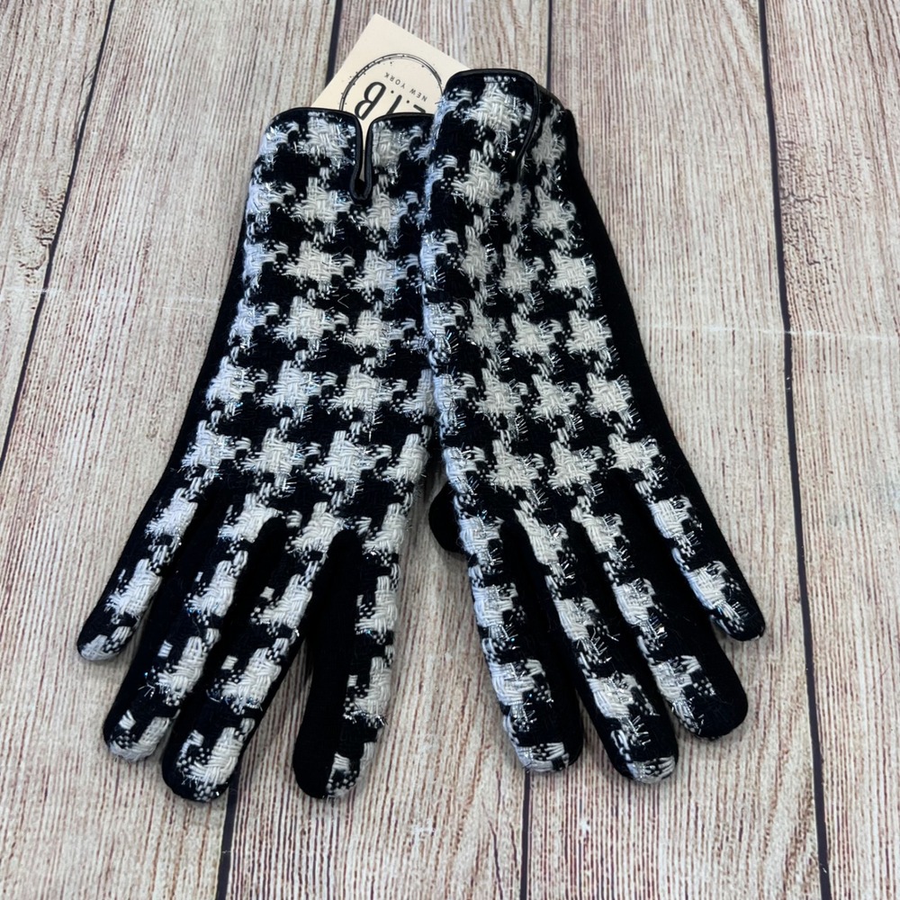 L.I.B. New York Womens Houndstooth Gloves Black White Silver Metallic Tech